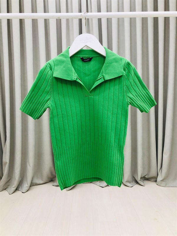 Gömlek Yaka Kısa Kollu Triko-Yeşil