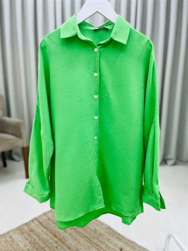 Keten Kumaş Salaş Oversize Gömlek-Yeşil