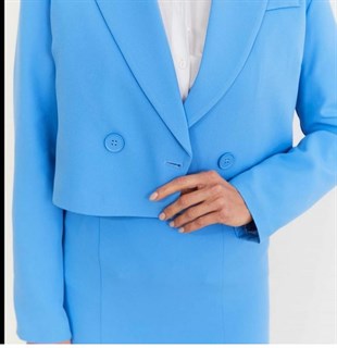 Atlas Kumaş Etekli Ceketli Takım-Mavi