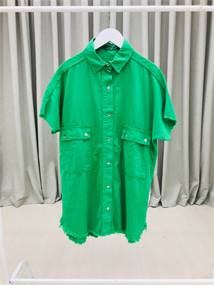 Gabardin Kumaş Altı Saçaklı Cepli Gömlek-Yeşil