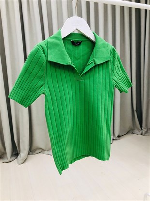 Gömlek Yaka Kısa Kollu Triko-Yeşil