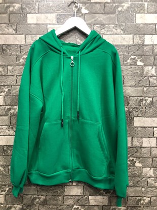 Oversize Salaş Uzun Kapüşonlu İçi Kalın Fermuarlı Sweatshirt-Yeşil