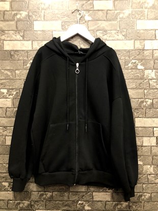 Oversize Salaş Uzun Kapüşonlu İçi Kalın Fermuarlı Sweatshirt-Siyah