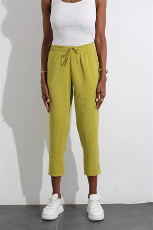 Tensel Kumaş Bel Lastikli Pantolon-Yağ Yeşili