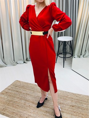 V Yaka Kolları Büzgülü Kemerli Yırtmaçlı Elbise-Kırmızı