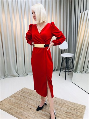 V Yaka Kolları Büzgülü Kemerli Yırtmaçlı Elbise-Kırmızı